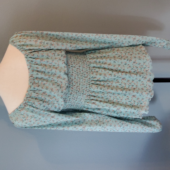 Willow & Root NWT LS Woman's Ruffle Semi-Sheer Blue Floral Top Small Resin Ring - Picture 3 of 12